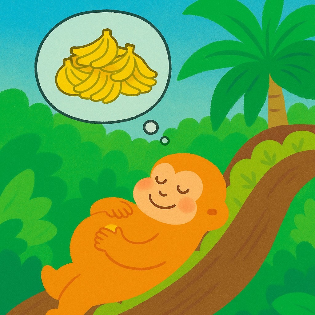 木に横たわりながら「バナナを いっぱい たべたいな」と思っているサルくんのイラスト